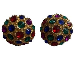 Vintage Estate Metal Jeweled Clip Earrings 80’s Fashion Costume Jewelry